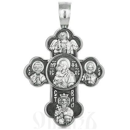крест трилистник с образами божией матери донская и святых защитников, серебро 925 проба (арт. 43288)